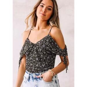 Willow & Root Mesh Top Womens Medium Black Floral Cami Tank Cold Shoulder Boho